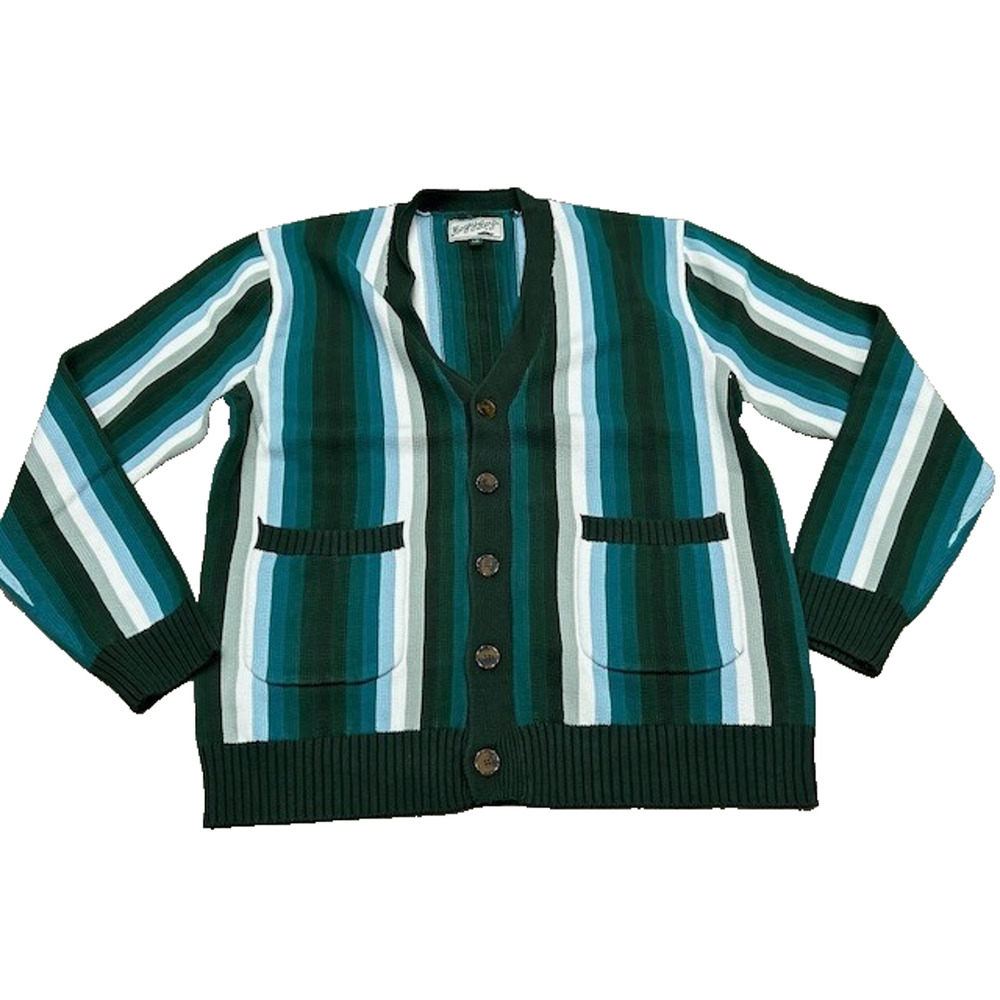 NWOT‎ Bogey Boys Men's Cardigan Sweater Striped Cotton Golf Green/Multi Size L